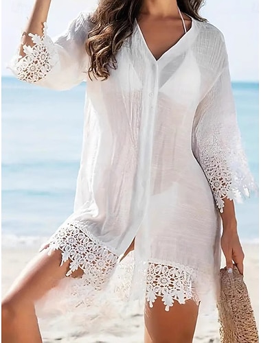  Damen Minikleid Weißes Kleid Strandkleid Überwurf Elegant Mode Klassisch Täglich Outdoor Strand Lässiger Schnitt Einfach Dreiviertelarm V Ausschnitt Weiß Sommer Frühling