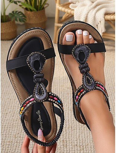  női mályvaszínű gyöngyös T-pántos bohém szandál – műkővel díszített lapos talpú nyári cipők szigetlakó nyaralásokhoz, szabadidős utazásokhoz és kerti partikhoz