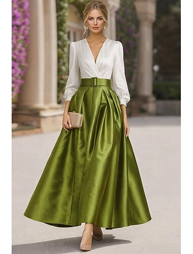  A-Linie Bodenlang Knöchellänge Cocktailkleider Elegant Langarm V Ausschnitt Gartenparty Hochzeit Satin Taft mit Falten Gerafft