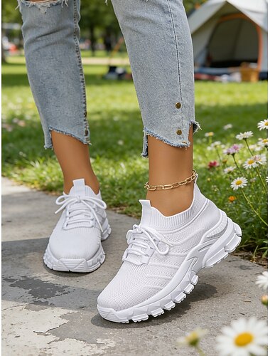  Women's White Knitted Slip-On Sneakers with Chunky Sole and Stretch Fit, Comfortable Casual Shoes for Daily Wear, Walking, Travel, Shopping and Outdoor Activities