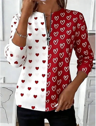  Valentinstag Damen T Shirt Reißverschluss Druck Herz Liebe Grafik Bohemien Tropisch Hawaiianisch Langarm V Ausschnitt Normale Oberteile Täglich Ausgehen Wochenende Blau Rosa Rote Orange Sommer