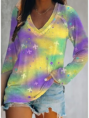  Mardi gras Dames T-shirt Afdrukken Grafisch Geometrisch Verloop Elegant Stijlvol Klassiek Lange mouw V-hals Normale tops Dagelijks Uitgaan Weekend Geel Paars Groen Zomer Lente Herfst