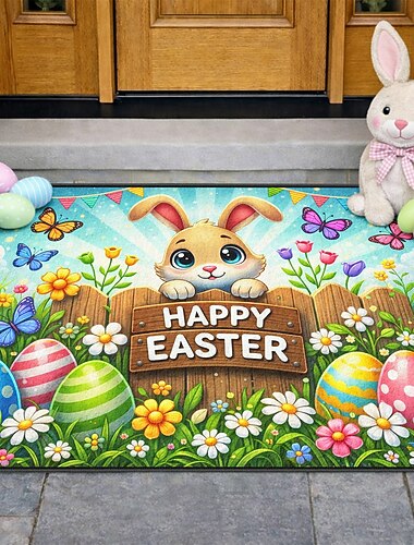  Zerbino pasquale con coniglietto che sbircia da un cartello di Pasqua in legno con uova colorate e farfalle, perfetto tappeto di benvenuto primaverile festivo