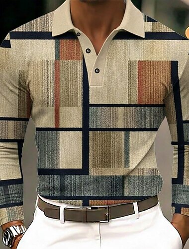  Miesten Väripalikka Poolopaidat Pitkähihainen Poolopaidat Kauluskäänne Business Casual ulko- Urheilu- ja treenivaatteet Arki-asut 3D-tulostus Napit Kevät Syksy Sininen Purppura Ruskea