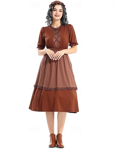  250º Aniversário EUA século 19 década de 1800 Vestido Pradaria Conjunto de touca e avental Mangas curtas Garota Pioneira Colonial Pioneiro Guerra Revolucionária Fantasia Mulheres Dia Das Bruxas