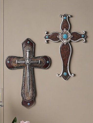  vintage gotický kříž na zeď, pryskyřičná náboženská závěsná ozdoba s klasickým květinovým vzorem, nástěnná dekorace pro dům a dům na Den všech svatých, dekorace pro bar a restauraci, párty