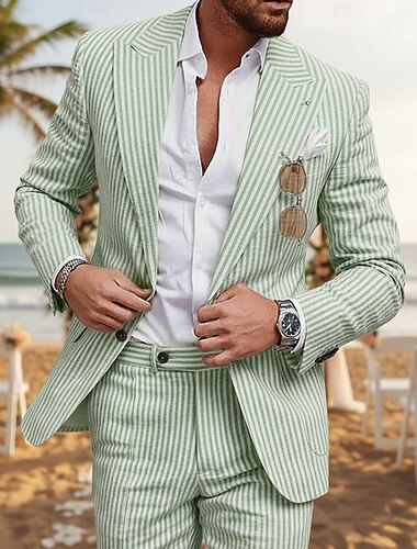  Heren Business Strand Trouwerij Seersucker Pakken Met Gepiekt Revers Roze Luchtblauw Feest Lichtgewicht Gestreept Tailored Fit 2 Delig Enkellaags Twee Knopen