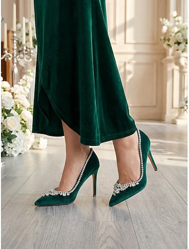  Scarpe eleganti con tacco a spillo in velluto verde smeraldo e strass da donna, scarpe eleganti con punta a punta per invitati a matrimoni, cerimonie in chiesa