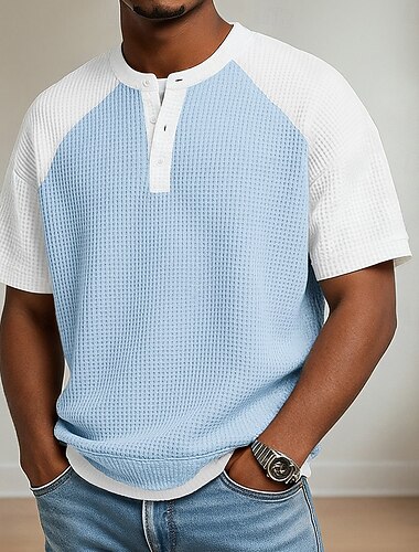  Herren Waffel T-Shirt T-Shirt Kurzarm Henley Sommer Frühling Frühling & Sommer Einfarbig Texture Mode Designer Lässig Farbblock Gestrickt Lässig Täglich Outdoor Hellblau Hellgrün Violett Top T-Shirt