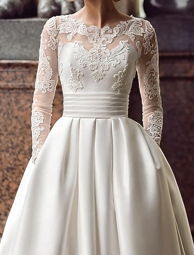  Robe de mariage formelle vintage d'engagement robe de bal illusion décolleté à manches longues traîne de cour en satin avec appliques poche