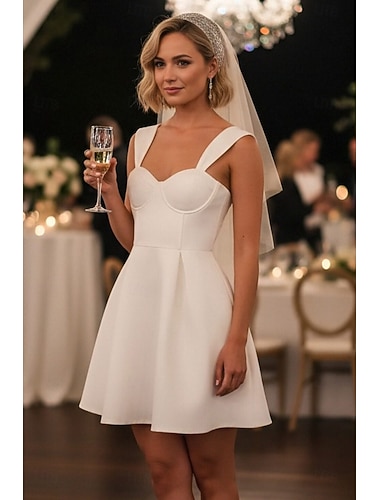  Linha A Curto Mini Vestido branco Vestidos de noiva Vestidos para Chá de Panela Vestido de Noiva Elegante Vestidos Brancos Justos Sem Manga Com Alças Finas Casamento Graduação Cetim com Pregas