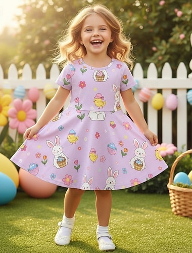  Ostern Mädchen' 3D Grafik Kaninchen Hase Kleid Kurzarm 3D-Druck Sommer Frühling Täglich Urlaub Party Niedlich Basic Lässig Kinder 4-12 Jahre Freizeitkleid A Linie Kleid Knielang Normale Passform