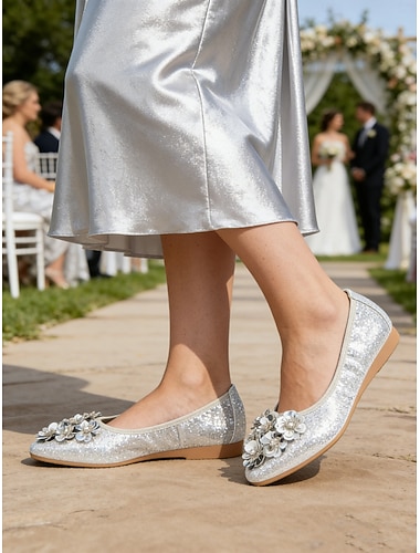  dámské skládací balerínky zdobené květinami – pohodlné balerínky s flitrovým dekorem na svatby a speciální akce