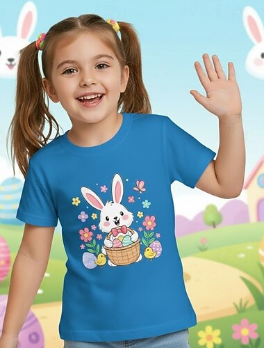  100% katoen Pasen Kinderen Voor meisjes blauw Zwart Wit Grafisch Konijn T-shirt Strakke ronde hals Korte mouw Dagelijks Buiten Streetwear Vakantie Sport Modieus Opdrukken Zomer Lente