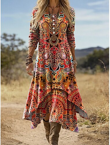  Damen Midi-Kleid Boho Shift-Kleid Lässig Täglich Feiertag Reguläre Passform Graphic Geometrisch Langarm Rundhals Schwarz Rot Orange Dunkelblau Sommer Frühling