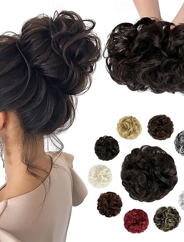  aplique de cabelo coque bagunçado, ondulado e cacheado, scrunchie volumoso, penteado elegante com coque alto para mulheres e meninas, castanho escuro