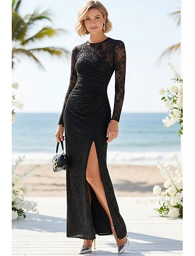  Schlauchkleid Bodenlang Kleid für Hochzeitsgäste Abendkleid Kleider für Hochzeitsgäste Elegant Party Langarm Rundhalsausschnitt Abschlussball Abendgesellschaft mit Spitze Glitzer Schlitz