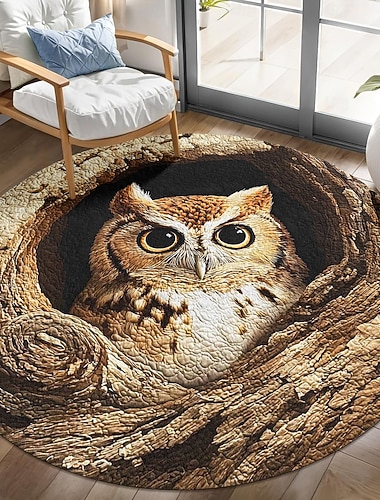  Runder 3D-Teppich mit optischer Täuschung: Eule in Baumhöhle, 2D-Flachdruck, gemütlich und verspielt für die Heimdekoration.