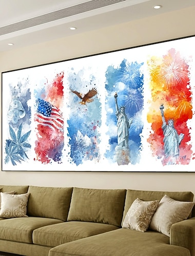  Amerikansk Patriotisme Canvas Veggkunst USA-Flagg og Ørn Frihetsklokke og Frihetsgudinne Fyrverkerifeiring Rød Hvit Blå Hjem