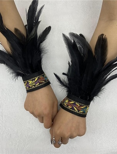  Karnival 2026 Rio Karnival Samba Tillbehör Kvinnors Svarta Fjäder Handledsmanchetter med Vintage Broderad Band Brasilien Festival Uppträdande Kostym