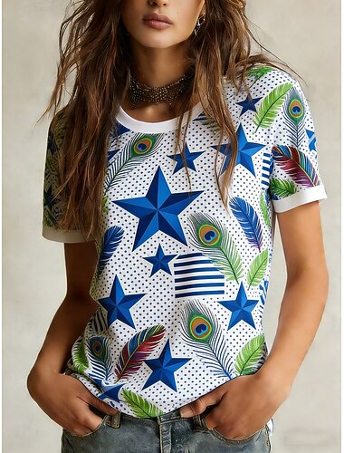 Karnival Mardi gras Dam T-shirt T-tröja Mönster Grafisk Stjärna Stylish Klassisk Ledigt Kortärmad Rund hals Vanliga toppar Dagligen Sport Utekväll Blå Sommar Vår