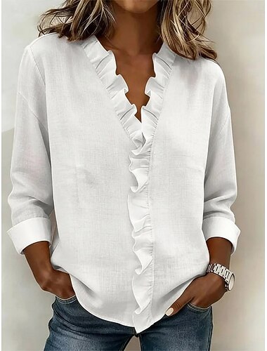  Damer Lin Lignende Fausk Sød Bomull Linned Bluse Volang Lappverk Enfarget Elegant Stylus Basis Lang Ermet V-Hals Regelmessige Topper Daglig Svart Hvit Rosa Vår Høst
