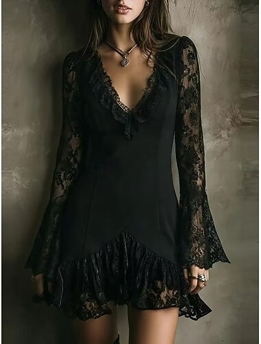  Damen Minikleid Samtkleid Vintage-Kleid Abschlussballkleid Partykleid Elegant Mode Modern Abendgesellschaft Party Cocktailparty Normale Passform Einfach Langarm V Ausschnitt Schwarz Sommer Frühling