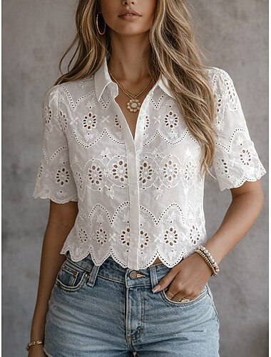  Damen Bluse Lochmuster Einfarbig Stilvoll Lässig Kurzarm Hemdkragen Normale Oberteile Täglich Weiß Sommer Frühling Herbst
