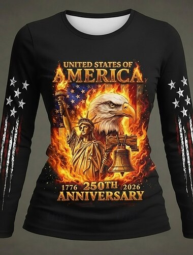  Día de la Independencia Aniversario Americano Patrón Camiseta para Mujer Gráfica Bandera Estilosa Clásica Casual de Manga Larga Cuello Redondo Impresión Diario Azul Negro Verano Primavera Otoño