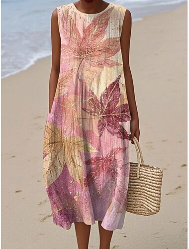  Robe Midi Femme Robe en Lin Robe d'Été Robe Ample A Ligne Vacances Casual Boho Plage Fête Sortie Coupe Lousse Floral Graphique Sans Manches Col Ras du Cou Jaune Clair Rose Été Printemps