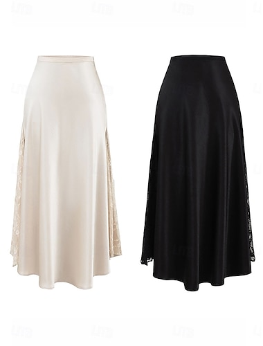  Damen Satinröcke Elegant Vintage Mode Lässig Midi Hohe Taille Röcke Einfach Gerafft Patchwork Unelastisch Täglich Büro / Karriere Aprikose Schwarz Sommer Spandex Satin