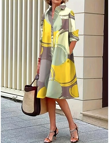  Dam Midiklänning T shirtklänning Semester Födelsedag Ledigt Strand Utekväll Normal Grafisk Abstrakt Långärmad Kavajslag Blå Vit Rodnande Rosa Grön Sommar Vår