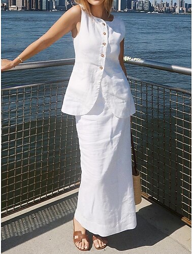  Mujer Conjuntos de dos piezas conjuntos de falda Lino de algodón sintético Sin Mangas Cuello Alto Escote Cuadrado Plano Elegante Moda Ropa de calle Casual Diario Exterior Negro Blanco Beige Verano