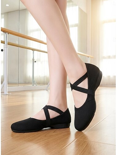  Dames zwarte stretch dansschoenen voor oefensessies, balletflats met gekruiste bandjes en zachte zool, lichtgewicht trainingsschoenen voor dansers en studio-repetities.