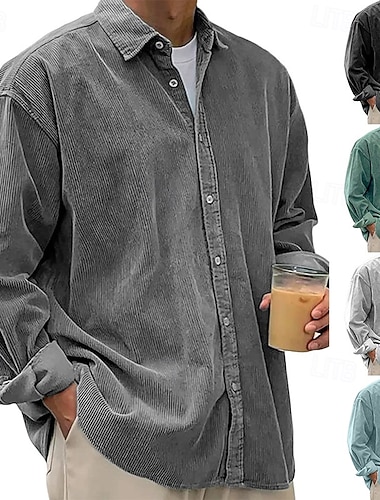  Herren Hemd Freizeithemd Cordhemd Knopfhemd Schwarz Weiß Marineblau Blau Purpur Langarm Umlegekragen Outdoor Straße Bekleidung Vintage Lässig
