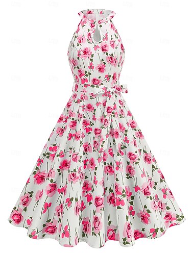  Jaren '50 Retro vintage rockabilly Middag Swing Jurk Flare Jurk Mouwloos Bloemig Wijd uitlopend Schommel Kostuum Dames Carnaval Valentijnsdag Maskerade Vakantie Dagelijks gebruik Vrijgezellenfeest