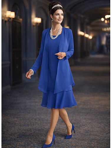  Linha A Até os Joelhos Vestido de convidada de casamento Vestido Para Mãe dos Noivos Sem Manga Decorado com Bijuteria Elegante Embrulho incluido Convidado do casamento Festa de Casamento Chiffon com