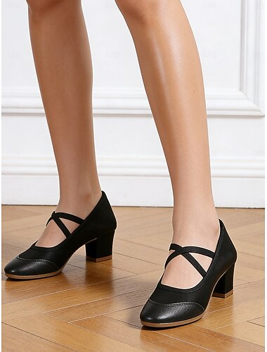  Escarpins de danse noirs à brides croisées pour femmes, chaussures de bal confortables à talon bloc pour les événements de danse professionnels