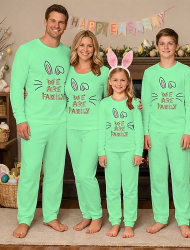  Семейный вид Пасха Пижамы Графика Кролик Повседневные С принтом Зеленый Длинный рукав Отпуск Подходящие наряды