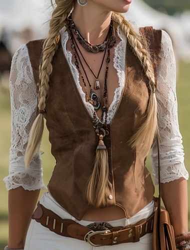  Damen Bluse Spitzentops Spitze Patchwork Einfarbig Stilvoll Langarm V Ausschnitt Normale Oberteile Täglich Ferien Ausgehen Leicht Braun Sommer Frühling