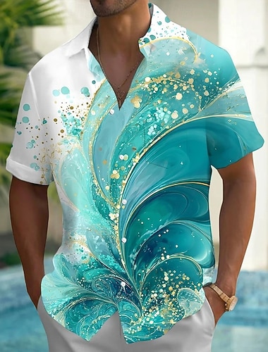  Herre hav Marmor Abstrakt kunst Hawaii skjorte Skjorte med knapper Aloha skjorte Kortermet Hawaiisk Avslappet Feriereise Sommer Vår Aftæpning 3D-utskrift krage skjorter Front One Lomme Blå Lilla