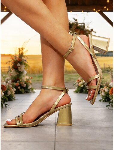  Gouden sandalen met blokhak voor dames, elegante bruidsmeisjesschoenen met enkelbandje voor een rustieke schuurbruiloft