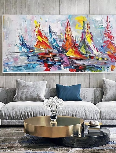  Mintura, handgefertigte abstrakte Landschaftsgemälde mit Bootsmotiven auf Leinwand, moderne Wanddekoration, gerollt, rahmenlos, ungespannt.