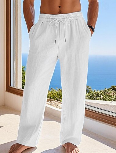  Herren Leinenhosen Hose Sommerhose Strandhose Kordelzug Tasche Elastischer Bund Einfach Komfort Atmungsaktiv Urlaub Täglich Ferien Hawaiianisch Boho Schwarz Weiß