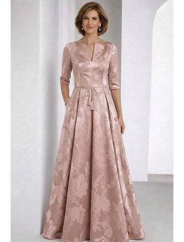  A-linje Golvlång Bröllopsgästklänning Formell klädsel Konståkningsinspirerad klänning Klänning till brudens mor Halvlång ärm V-hals Elegant Vintage Formell Jacquard med Rosett(er)