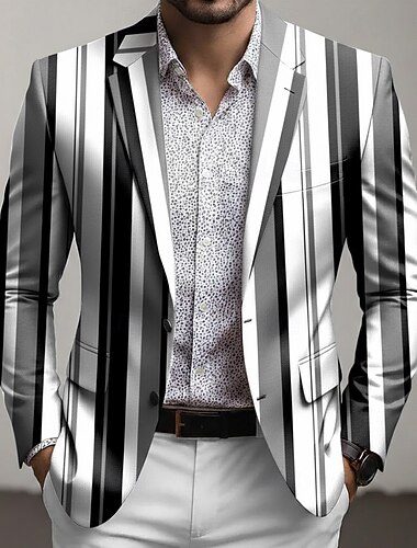  Herre Stripe Blazer jakke Frakk Bekvem Pustende Kunstnerisk Fritid Avslappet Daglig Festkveldsklær 3D-utskrift Knapper Multi lomme Vår Høst vinter Med hakk Langermet Blå Rød Grå