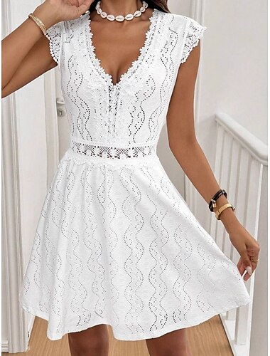  Női Mini ruha Fehér csipke ruha Eyelet ruha Elegáns Divat Modern Szabadtéri Vakáció Alkalmi Normál Sima Hosszú ujj V-alakú Fekete Fehér Bíbor Nyár Tavasz