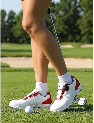  Weiße und rote Golfschuhe für Damen – leichte, atmungsaktive Golfschuhe mit Spikes, stabile Dämpfung für Golfplatz, Training, Spaziergänge und Alltag