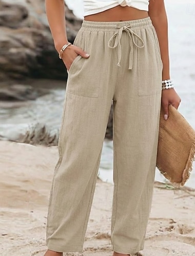  Damen Hose aus Baumwollleinen Chinos Hosen Hose Basic Lässig Lang Hohe Taille Einfach Tasche Elastisches Kordelzugdesign Hoher Schnitt Atmungsaktivität Weich Mikroelastisch Straße Alltagskleidung