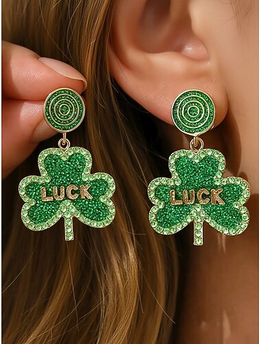  Damesoorbellen met klavertje vier - gemaakt van legering, verkrijgbaar in verschillende stijlen, groen, geschikt voor St. Patrick's Day en dagelijks gebruik.